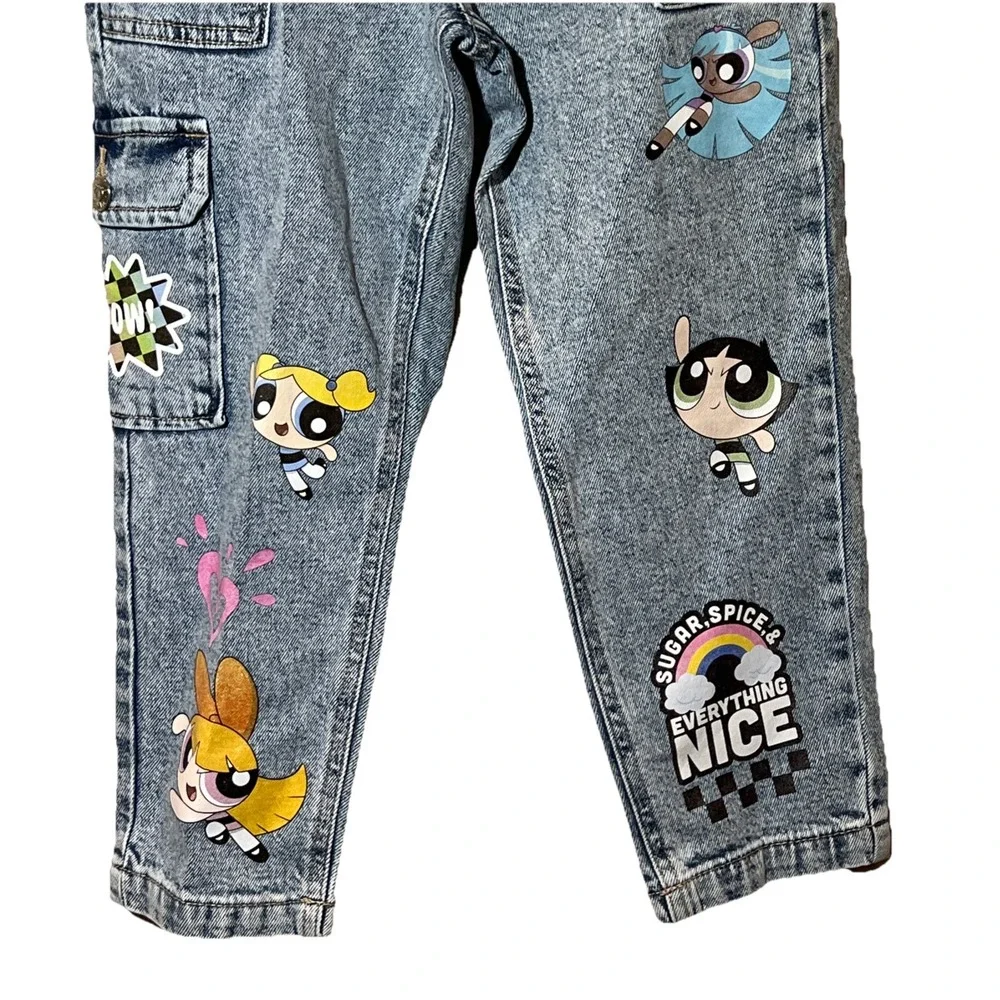 The Powerpuff Girls Justice Jeans Girls Sz 7 Easy Fit Acid‎ Wash Mom Cargo EUC